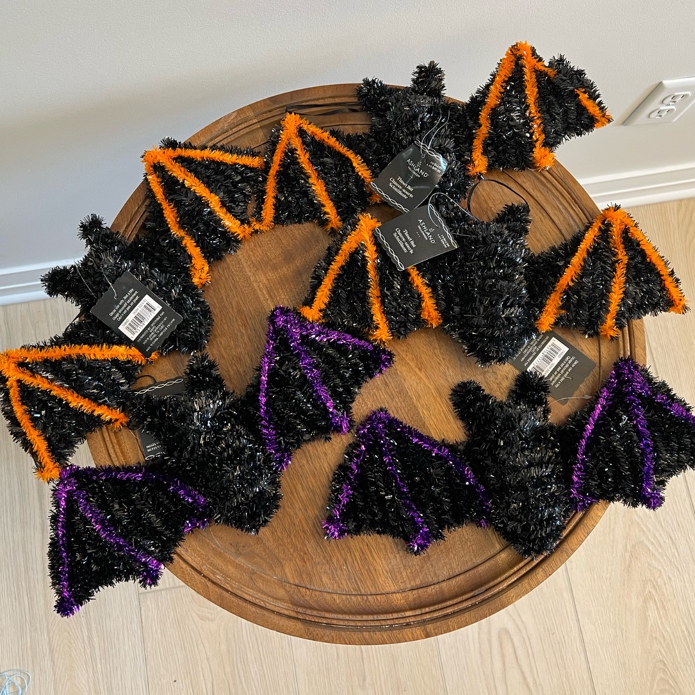 Ashland Halloween Bat Decorations with Black and Orange Tinsel